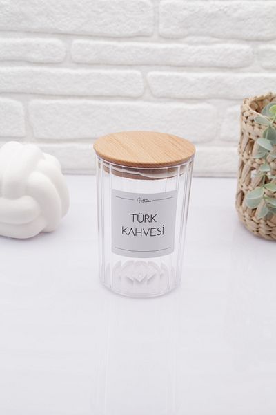 zezedesing 800ML Capacity Turkish Coffee Jar with Transparent Lines and Decorative Wooden Lid