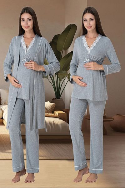 by İGP Gray Lace Detailed Maternity Pajama Set with Dressing Gown Effortt