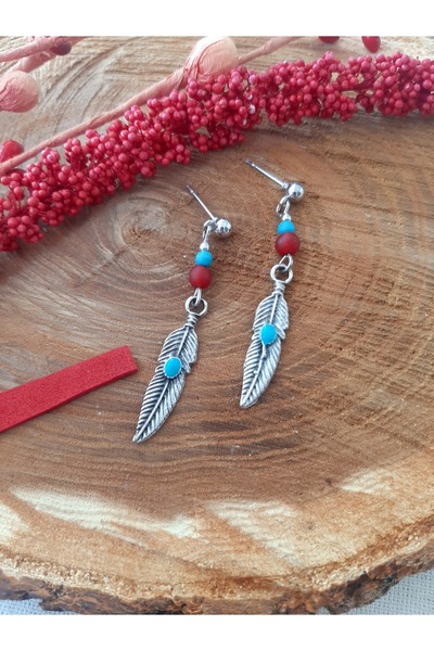 Idarosa Concept Otantik Etnik Bohem Mavi Bordo Boncuklu Yaprak Model Gümüş Rengi Hippi Küpe