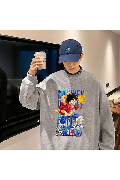 Touz One Piece Running Printed Grey Unisex Oversize φούτερ με λαιμόκοψη