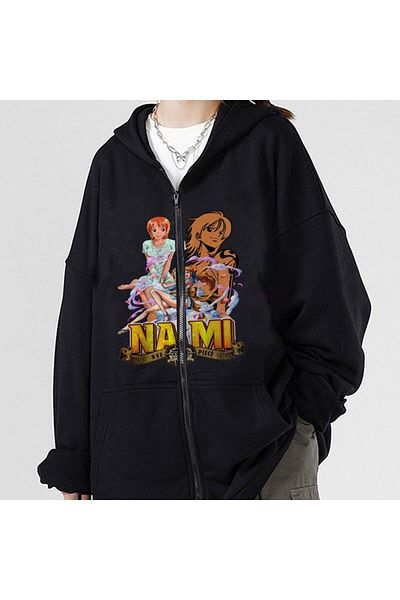 Touz Ζακέτα One Piece Nami Printed Oversize Μαύρη Unisex με κουκούλα με φερμουάρ