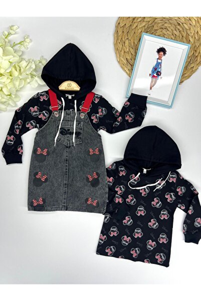 KZYTİCARET Girl's Printed Denim Dress and Hooded Badi Double Set