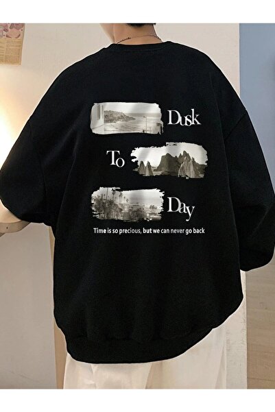 WNWGKN Unisex crna majica Dusk To Day Štampano Oversize kroj okrugla kragna