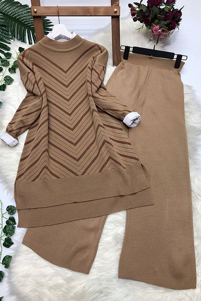 MODAQU Glitter Knitwear Tunic Σετ Παντελόνι - Camel