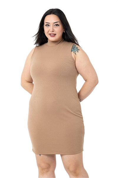 DISENTIS MODEST Plus Size Half Fisherman Camisole with Ribbed Inside Sleeveless Stretch Short Beige Dress