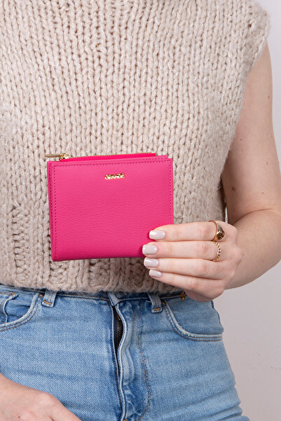 Grande 2805 Genuine Real Leather Snap Fastener Zippered Women's Wallet Flother Pink