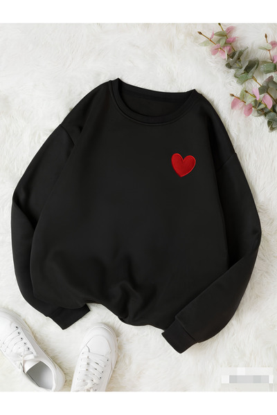 Jooy Company Heart Printed Black Crew Neck Oversize Sweatshirt