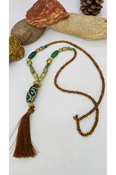 Porsuk Alternatif قلادة نسائية طويلة مصنوعة يدوياً من الخرز الخزفي مع جهاز الأرز