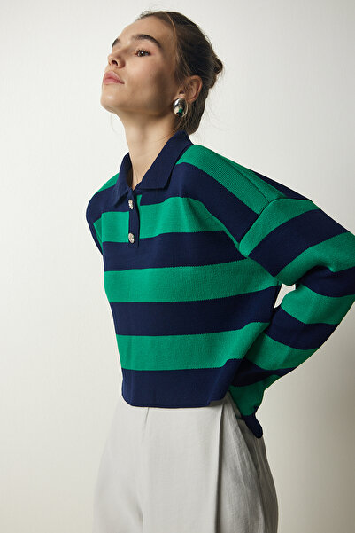 Happiness İstanbul Women's Navy Blue Green Stylish Buttoned Lapel Striped Crop Knitwear Sweater BV00115