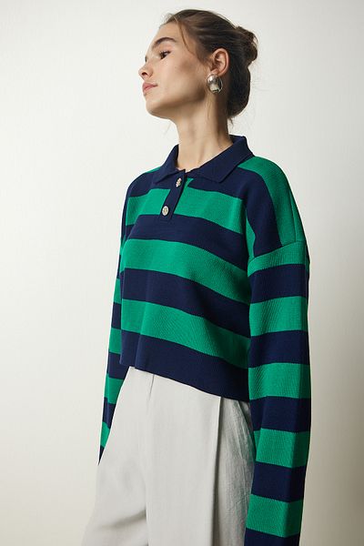 Happiness İstanbul Women's Navy Blue Green Stylish Buttoned Lapel Striped Crop Knitwear Sweater BV00115