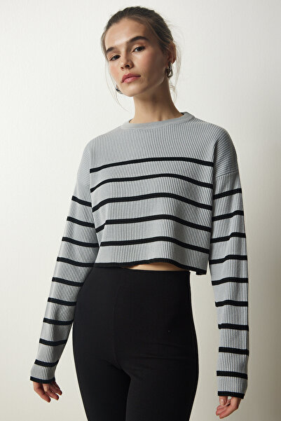Happiness İstanbul Pulover din tricot crop cu dungi gri pentru femei PF00048