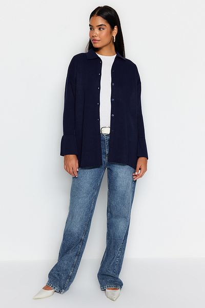 Trendyol Modest Ciemnogranatowy prążkowany sweterek TCTAW24TH00025