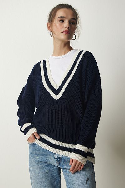 Happiness İstanbul Women's Navy Blue V-Neck Stripe Detailed Oversize Knitwear Sweater YY00191