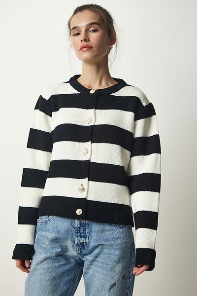 Happiness İstanbul Women's Black and White Stylish Buttoned Striped Knitwear Cardigan NF00078