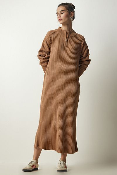 Happiness İstanbul Biscuit geripptes Oversize-Strickkleid für Damen DD01251
