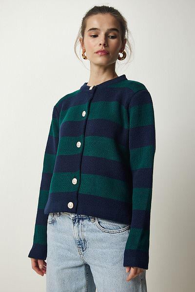 Happiness İstanbul Women's Navy Blue Green Stylish Buttoned Striped Knitwear Cardigan NF00078