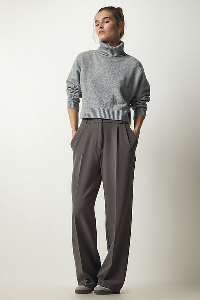 Happiness İstanbul Women's Gray Pocketed Palazzo Trousers DW00001