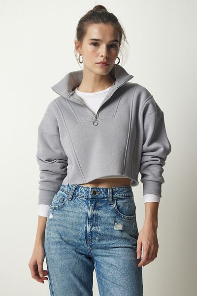 Happiness İstanbul Women's Gray Zippered Crop Knitted Sweatshirt HF00441