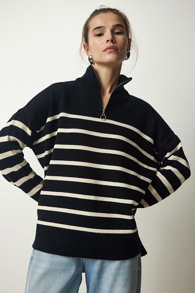 Happiness İstanbul Schwarz-weißer Strickpullover mit Revers und Reißverschluss für Damen, gestreift PF00045