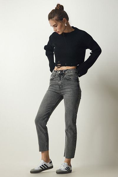 Happiness İstanbul Women's Gray High Waist Denim Trousers CB00015