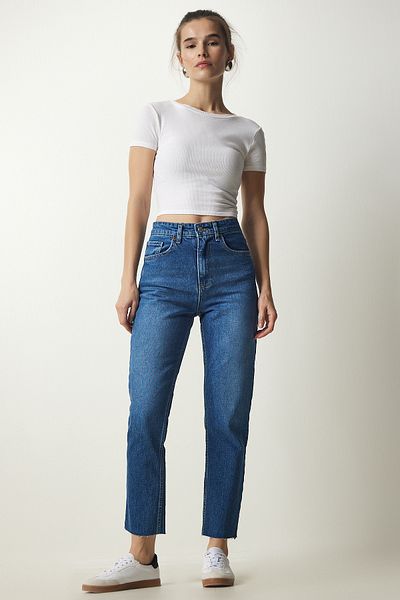 Happiness İstanbul Pantaloni de denim albaștri cu talie înaltă de damă CB00015