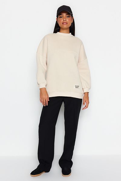 Trendyol Modest Oversize Fleece Feather Sweatshirt - Stone TCTAW24TW00022