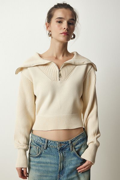 Happiness İstanbul Pulover din tricot cu guler polo cu fermoar crem FN03143