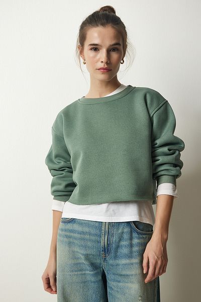 Happiness İstanbul Women's Green Crew Neck Raised Crop Knitted Sweatshirt BF00085
