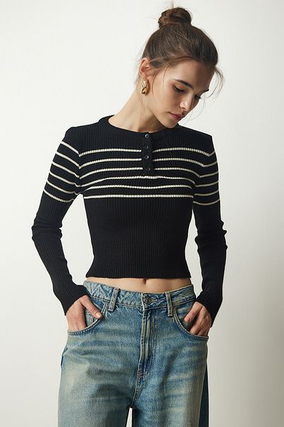 Happiness İstanbul Women's Black Cream Button Collar Ribbed Crop Knitwear Blouse NF00077