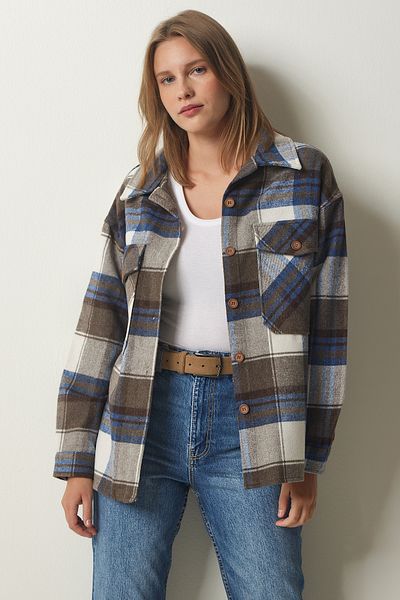 Happiness İstanbul Дамско кафяво тъмносиньо яке Lumberjack Stamp Shirt DD01275