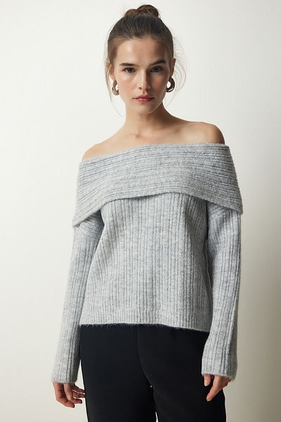 Happiness İstanbul Grauer Madonna-Kragen-Strickpullover für Damen PF00049