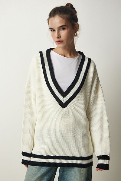 Happiness İstanbul Women's Bone V-Neck Stripe Detailed Oversize Knitwear Sweater YY00191