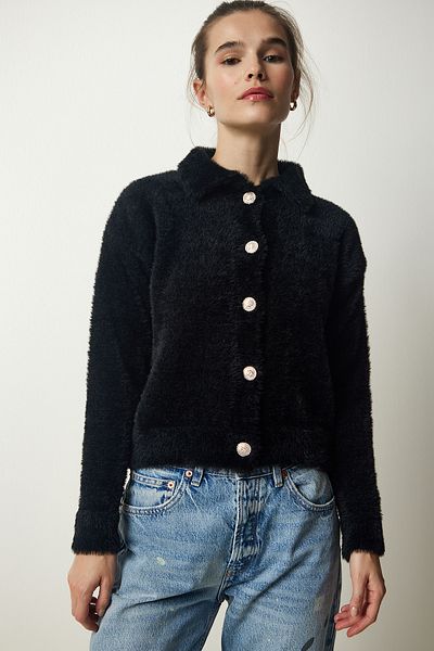 Happiness İstanbul Women's Black Stylish Buttoned Bearded Knitwear Cardigan NF00075