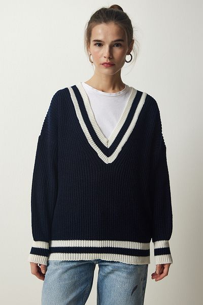 Happiness İstanbul Women's Navy Blue V-Neck Stripe Detailed Oversize Knitwear Sweater YY00191