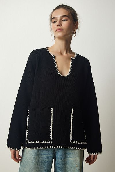 Happiness İstanbul Women's Black Stitching Detailed Pocket Knitwear Sweater PF00047