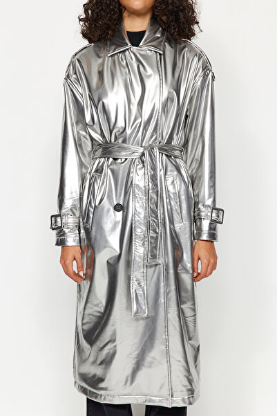 Trendyol Collection Silver Belted Shiny Trench Coat TWOAW24TR00068