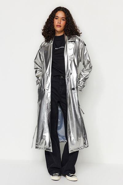 Trendyol Collection Stříbrný lesklý trenčkot TWOAW24TR00068