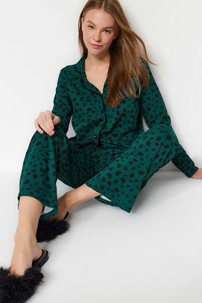 Trendyol Collection Dark Green 100% Cotton Leopard Print Shirt-Pants Knitted Pajamas Set THMAW21PT0489