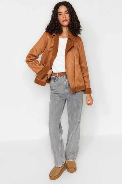 Trendyol Collection Кафяво плюшено палто с детайли TWOAW24MO00368