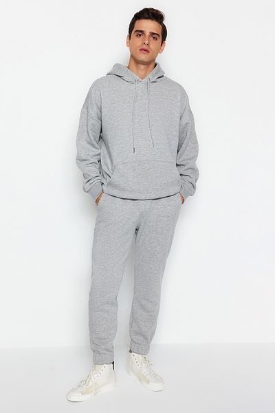 Trendyol Collection Fleece Gray Melange Oversize Hooded Sweatshirt Tracksuit Set - Tmnaw24Em00006