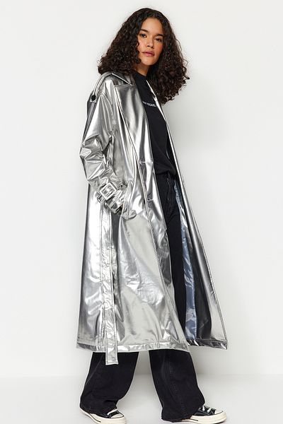 Trendyol Collection Stříbrný lesklý trenčkot TWOAW24TR00068