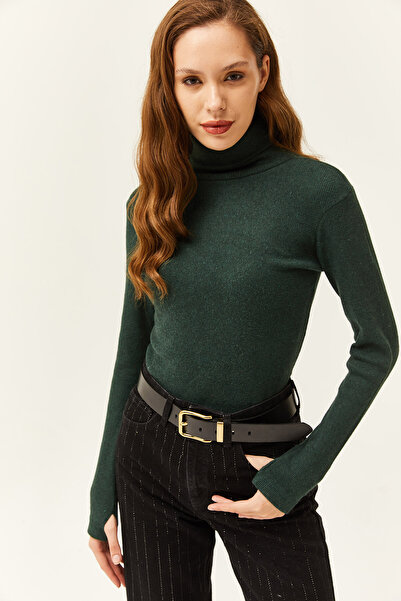 Olalook Bluză de damă, verde smarald, cu gât țesut cu degete, din Lycra, BLZ-19001644