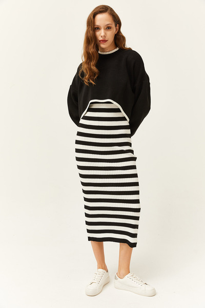 Olalook Women's Black Top Sweater Bottom Dress Knitwear Set TKM-19000237
