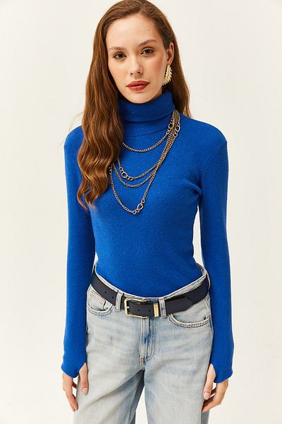 Olalook Women's Saks Blue Turtleneck Finger Detailed Lycra Blouse BLZ-19001644