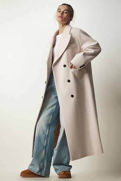 Happiness İstanbul Cremefarbener Premium-Mantel aus Wolle mit zweireihigem Kragen und langem Stempelmuster für Damen FN03160