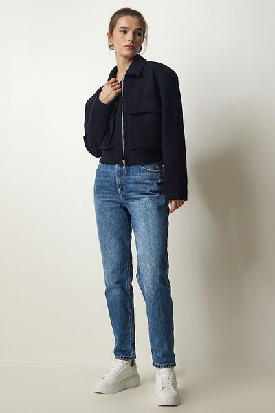 Happiness İstanbul Women's Dark Navy Premium Wide Pocket Bomber Jacket FN03158