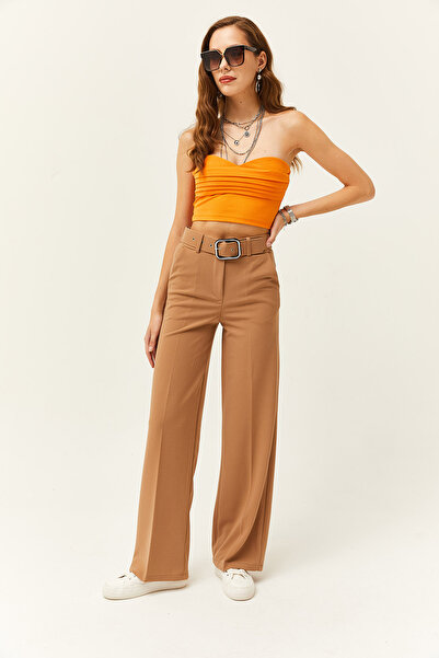 Olalook Kadın Vizon Metal Toka Kemerli Scuba Krep Palazzo Pantolon PNT-19000208