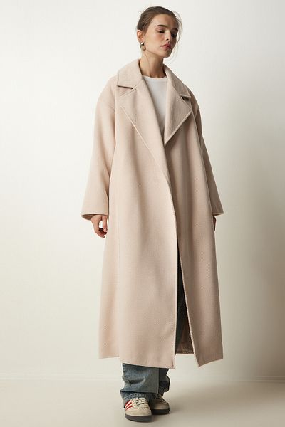 Happiness İstanbul Women's Beige Premium Double Breasted Collar Wool Long Stamp Coat FN03154