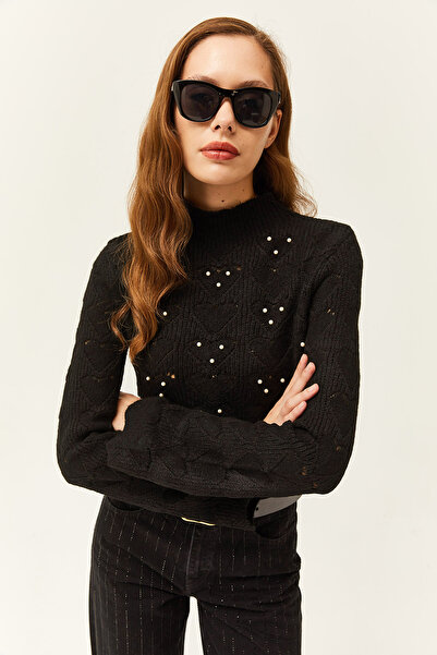 Olalook Γυναικείο Μπλούζα Crop με Μαύρη Καρδιά, Σχέδιο Πέρλας και Ισπανικό Μανίκι, Μαλακή Υφή Κόντρα Κόντρα Κάζα KZK-19000694