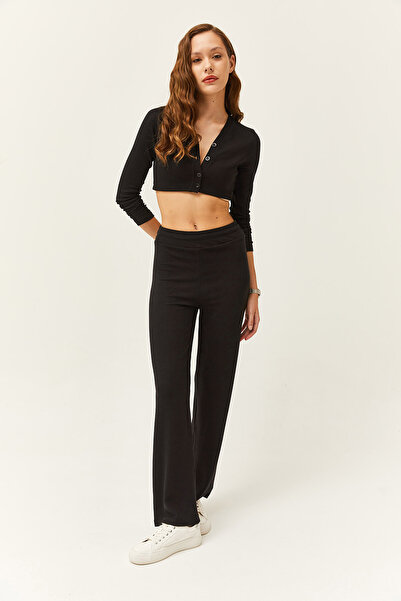 Olalook Women's Black Cardigan Top and Bottom Corded Suit TKM-19000235